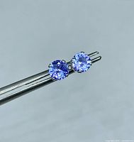 Close-up of both tanzanite studs held by tweezers