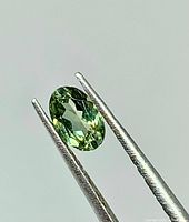 Oval green faceted tourmaline held in tweezers, showing size and color