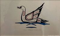 Close view of artwork showing swan illustration, signature and date