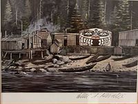 Close-up of print showing village scene, signature visible