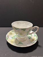 Teacup on saucer front view showing floral design