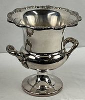 Full view of silver-plated pedestal bucket showing handles and pedestal