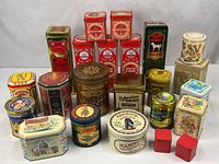Group shot of entire collection of tins