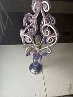 Full view of purple beaded mini chandelier lamp from front