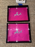 Two identical lacquer trays with zebra motif front view
