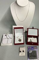 All jewellery laid out: chains, lockets, earrings in packaging