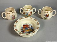 Three cups and bowl overview