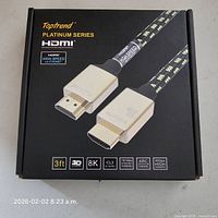 Front of retail box displaying Toptrend Platinum Series HDMI cable info, 3ft, 8K, braided, gold-plated