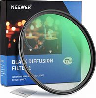 Front of boxed Neewer 77 mm black diffusion filter with filter partially shown