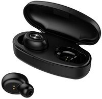 earbuds and charging case open, one earbud removed