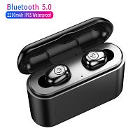 Marketing image showing black earbuds seated in open charging case, Bluetooth 5.0 and IPX5 waterproof text visible