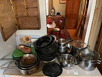 All cookware pieces grouped on countertop