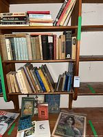Overall view of three shelves filled with books and magazines