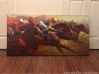 Canvas print showing several racehorses during a race with jockeys in colorful racing silks. The piece is rectangular with dimensions 48x24x1.5 inches.