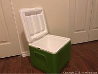 Image shows cooler with lid open displaying white insulated interior and green exterior with side handle.