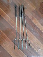 Four long two-prong skewers laid out full length