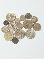 Group shot of 17 coins, reverse designs visible