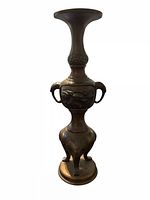 Full view of bronze Japanese candle holder/incense burner showing overall shape and height