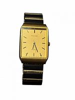 Front view of rectangular gold Pulsar watch showing dial and bracelet
