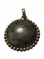 Front view showing labradorite cabochon, beaded silver border, bail