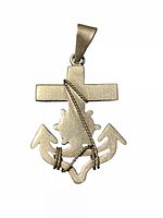 Front view of sterling silver cross-anchor pendant with rope detail