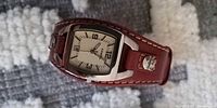 Square Fossil wristwatch with leather cuff strap
