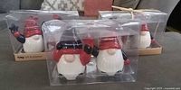 Front view of three boxed Tag gnome salt & pepper shaker sets