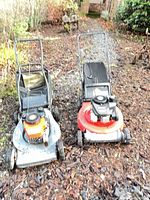 Both lawn mowers side by side on ground