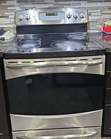 Front view of GE Profile electric range showing cooktop and door