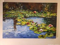 Full view of Monet-inspired acrylic painting showing water lily pond scene