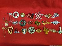 overview of all brooches and stick pins arranged on red fabric