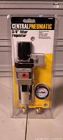 Front view of packaged Central Pneumatic 3/8" filter regulator