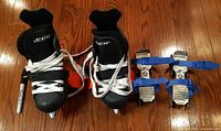 CCM toddler skates with Skateez next to Lange adjustable strap-on skates