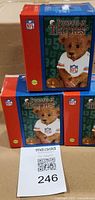 Three boxed Elby Gifts NFL Powerplay Teddies figurines showing front artwork and NFL logo.
