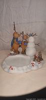 Front view of resin reindeer candle holder with snowman and candy cane details