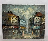Full view of unframed Paris street scene painting on canvas