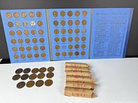 Overall lot with coin album, loose pennies and six wrapped penny rolls