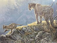 Close-up of print showing cougar and kits on rocky outcrop