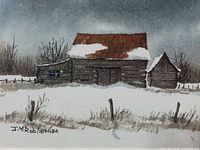 Close-up of watercolour showing barn, snow and signature