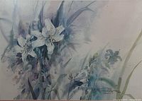 Full view of watercolour painting showing lilies and artist signature
