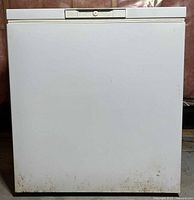 Front view of white Woods chest freezer showing rust along bottom edge