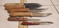 Six wooden-handle knives laid out showing full length and blade edges