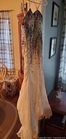 Full view of ivory silk beaded Terani Couture gown hanging
