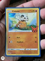 Front of Cubone Pokémon card showing artwork, stats and Pikachu pumpkin stamp
