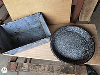 Round enamel plate and rectangular pan, blue speckled enamel finish