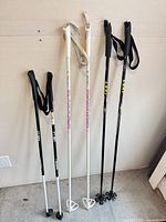 All three pairs of ski poles standing upright