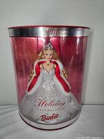 Front view of boxed 2001 Holiday Celebration Barbie doll