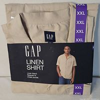 Front of packaged Gap linen shirt showing size and style label