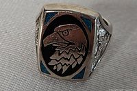 Front view showing eagle head motif and enamel corners