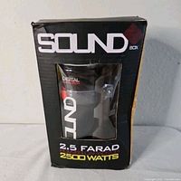 Front of boxed SoundBox SCAP2D capacitor showing branding and 2.5 Farad 2500 Watts text